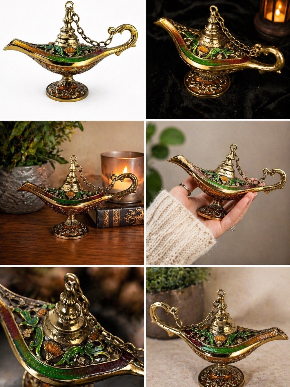 Ornate Brass Genie Lamp with Green & Red Enamel Accents